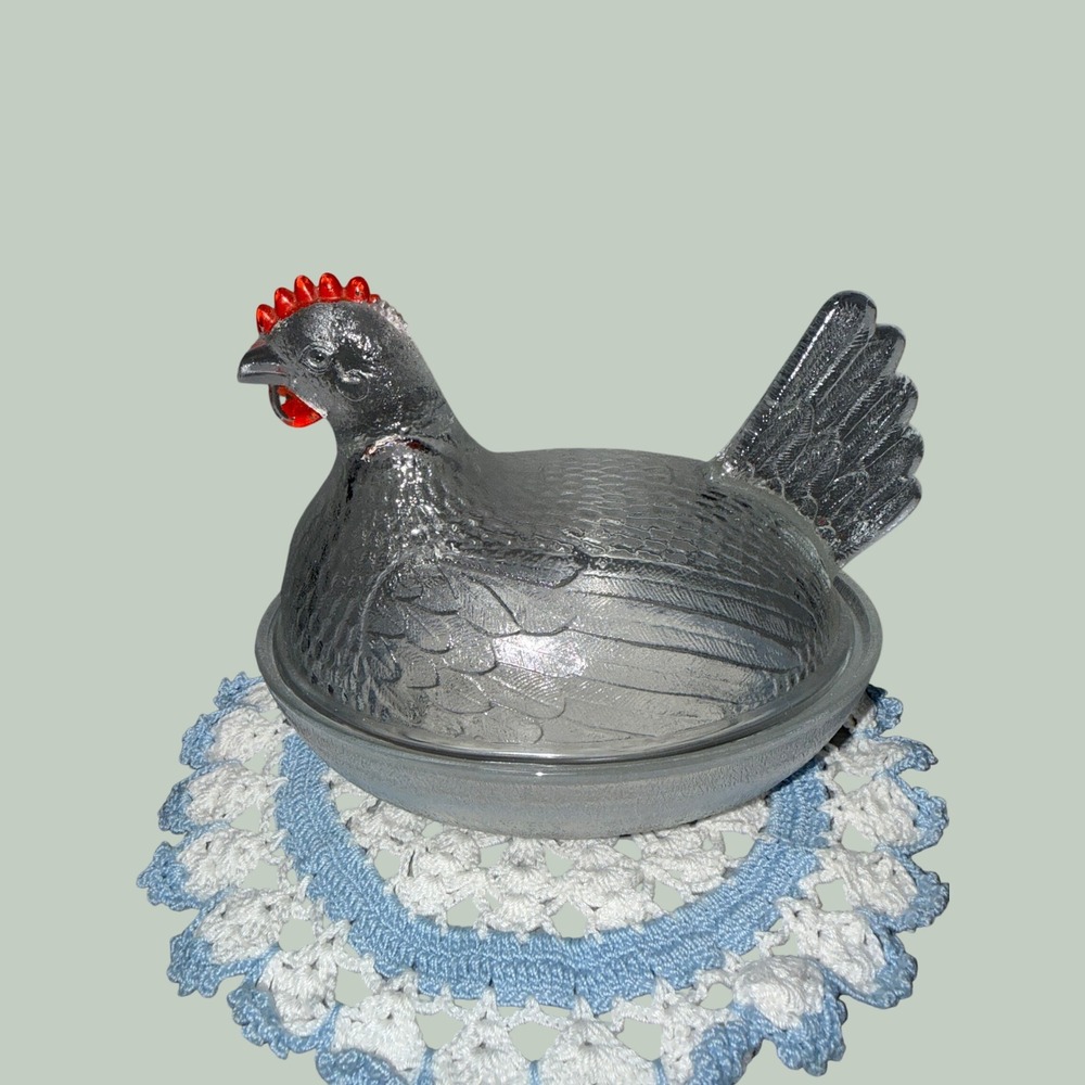 Vintage Clear Textured Glass Hen on Nest Covered Dish Red Comb 7 Inch